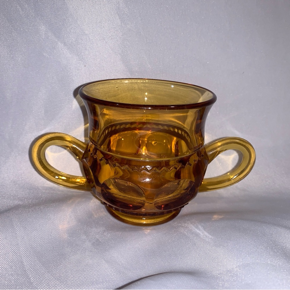 Indiana Glass Kings Crown Thumbprint Open Sugar Bowl Amber Double Handled VTG - Picture 3 of 7